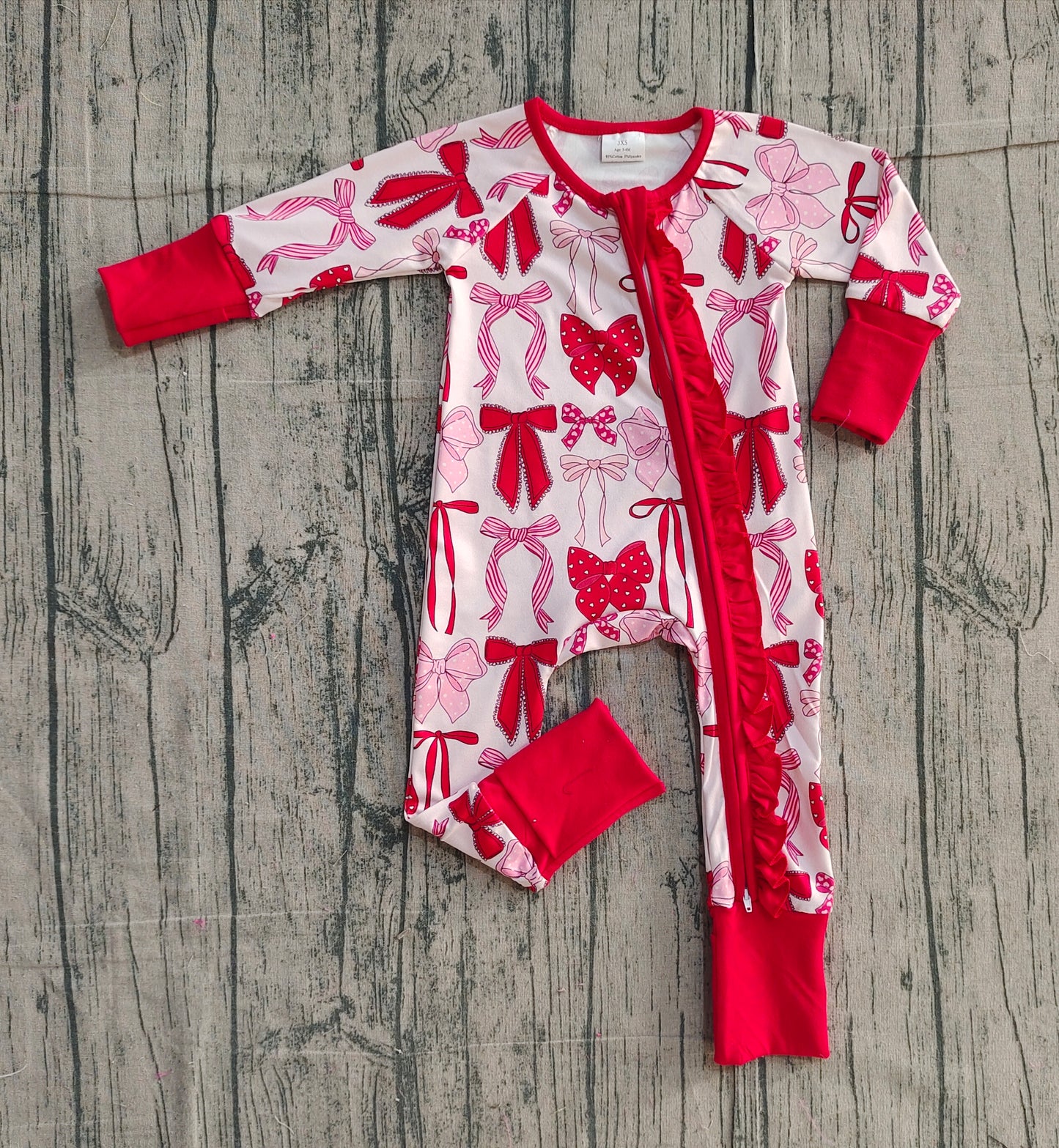 LR2780 Baby girls Valentine's Day Red Bow Long Sleeve Zipper Romper Preorder