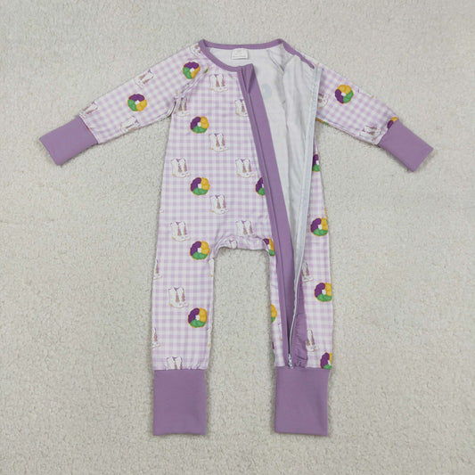 Baby Girls Mardi Gras Violet Gingham Long Sleeve Romper