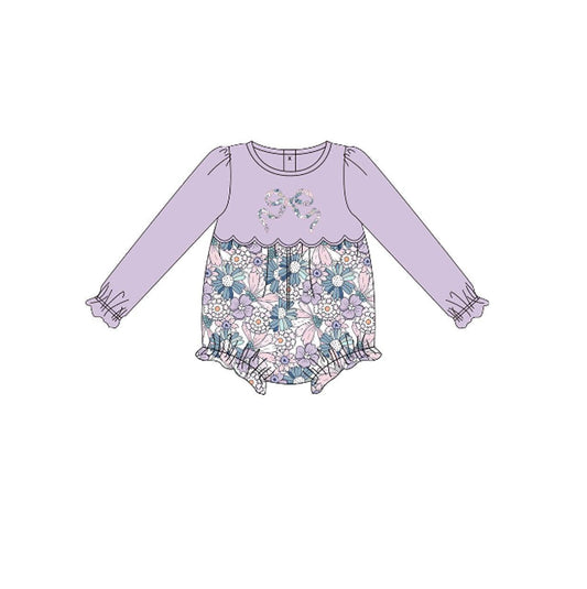 LR2806 Baby GIrls Floral Bow Violet Long Sleeve Romper Preorder