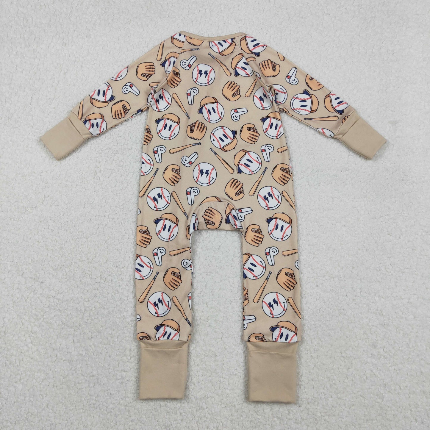 Sibling Baby Boys Baseball happy Face Long Sleeve Pajama Set /Zipper Romper