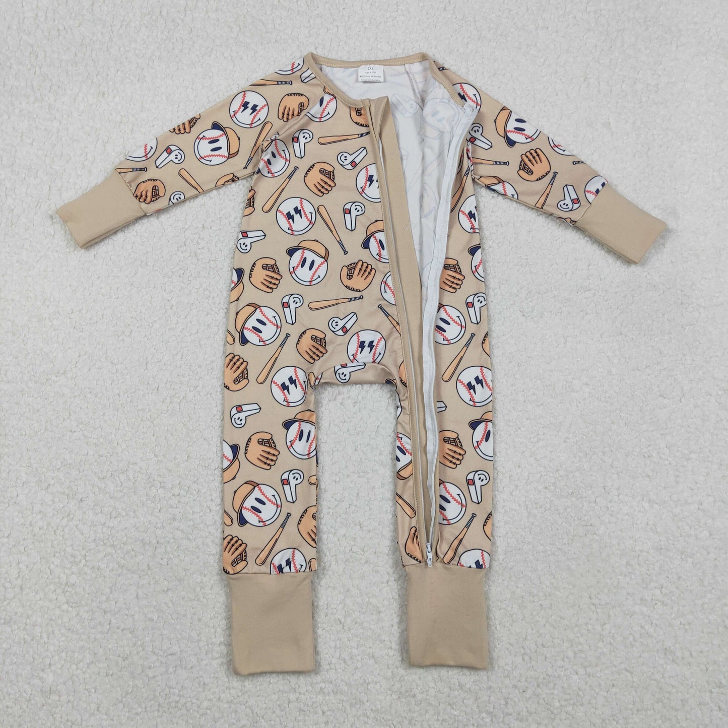Sibling Baby Boys Baseball happy Face Long Sleeve Pajama Set /Zipper Romper