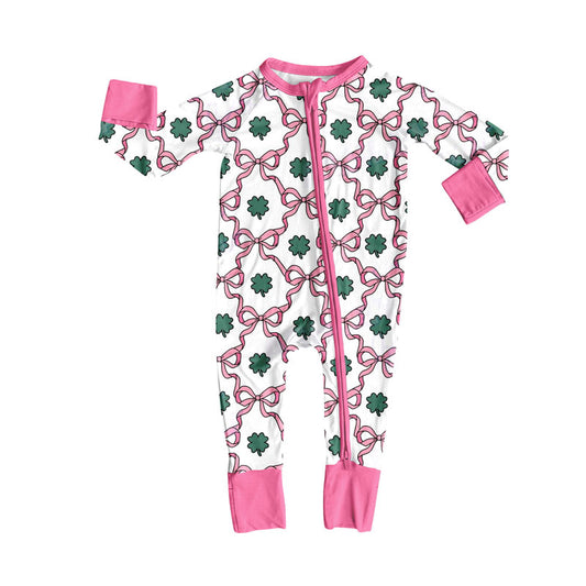 LR2829 Baby Girls Shamrock Pink Bow Footed Zipper Preorder