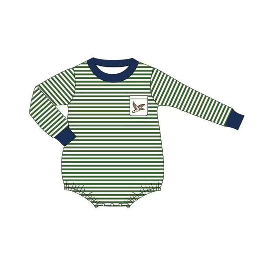 LR2831  Baby Boys Green Striped Duck Long Sleeve Romper Preorder