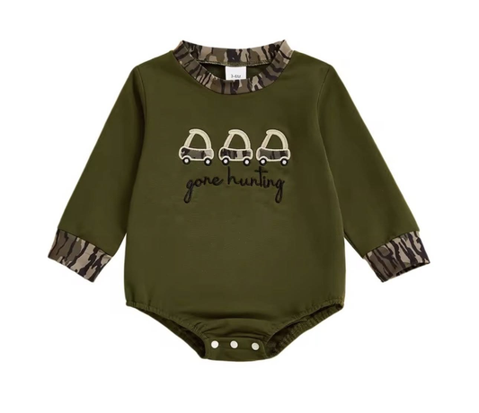 LR2835  Gone Hunting Green Long Sleeve Romper Preorder