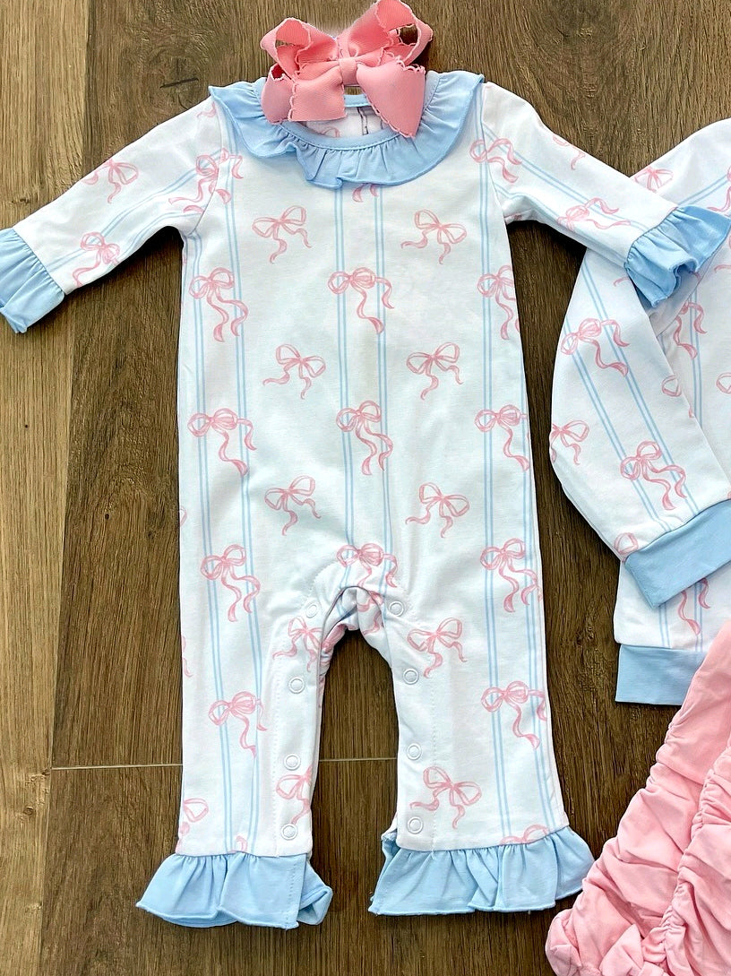 LR2845 Baby Girls Pink Bow Long Sleeve Romper Preorder