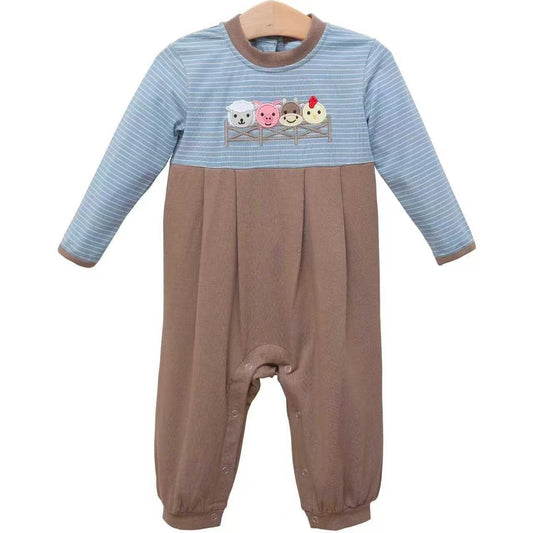 LR2850 Bbay Boys Farm animal long sleeve romper preorder