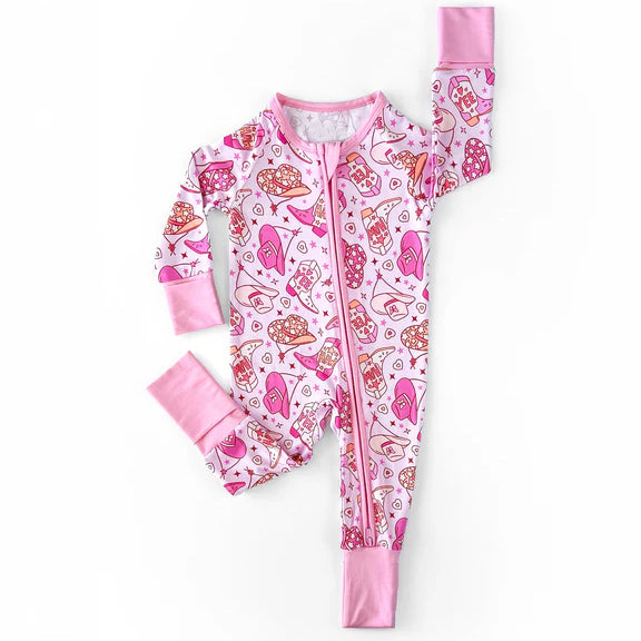 LR2855 Baby girls western boots pink long sleeve zip romper preorder