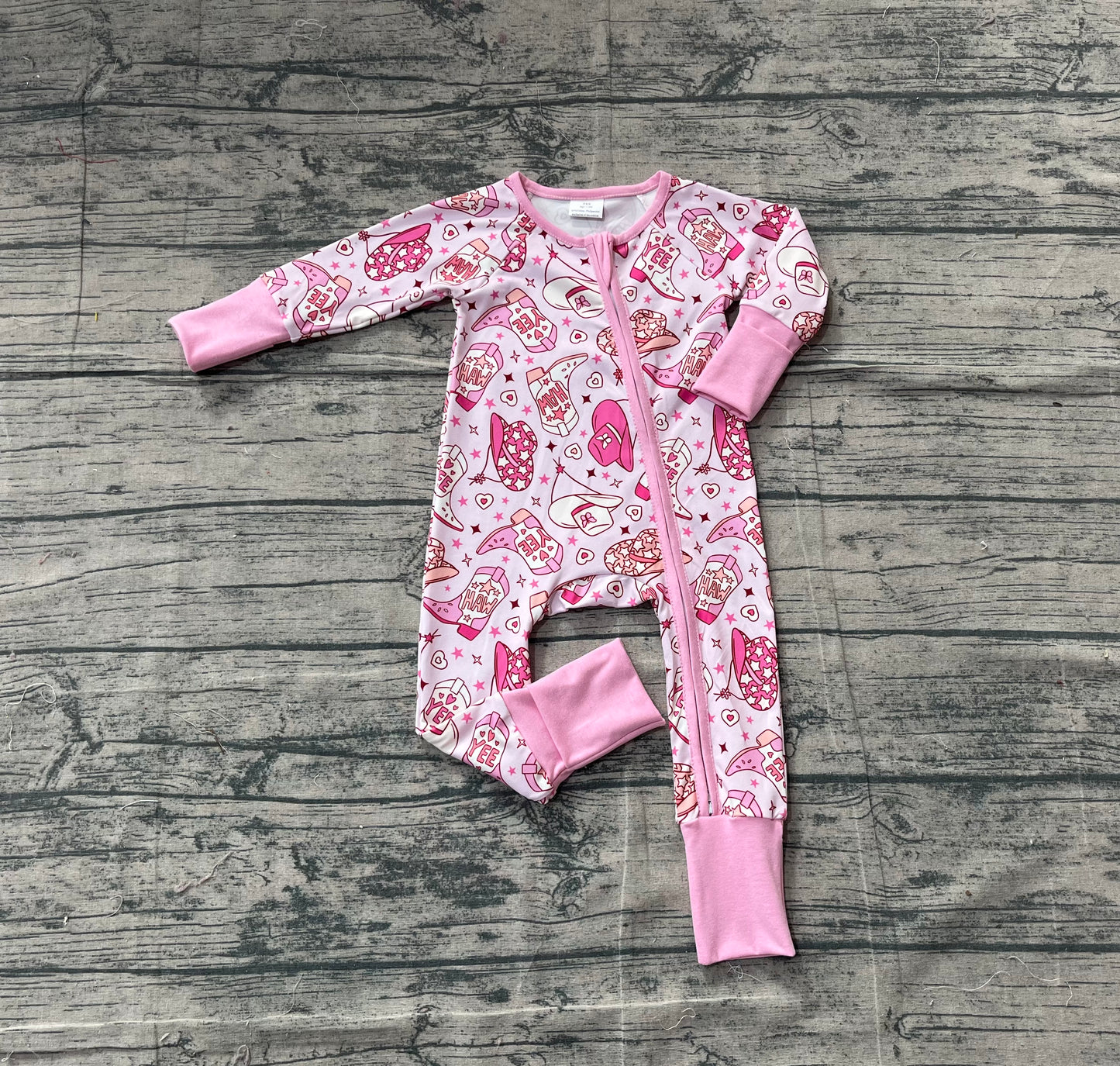 LR2855 Baby girls western boots pink long sleeve zip romper preorder