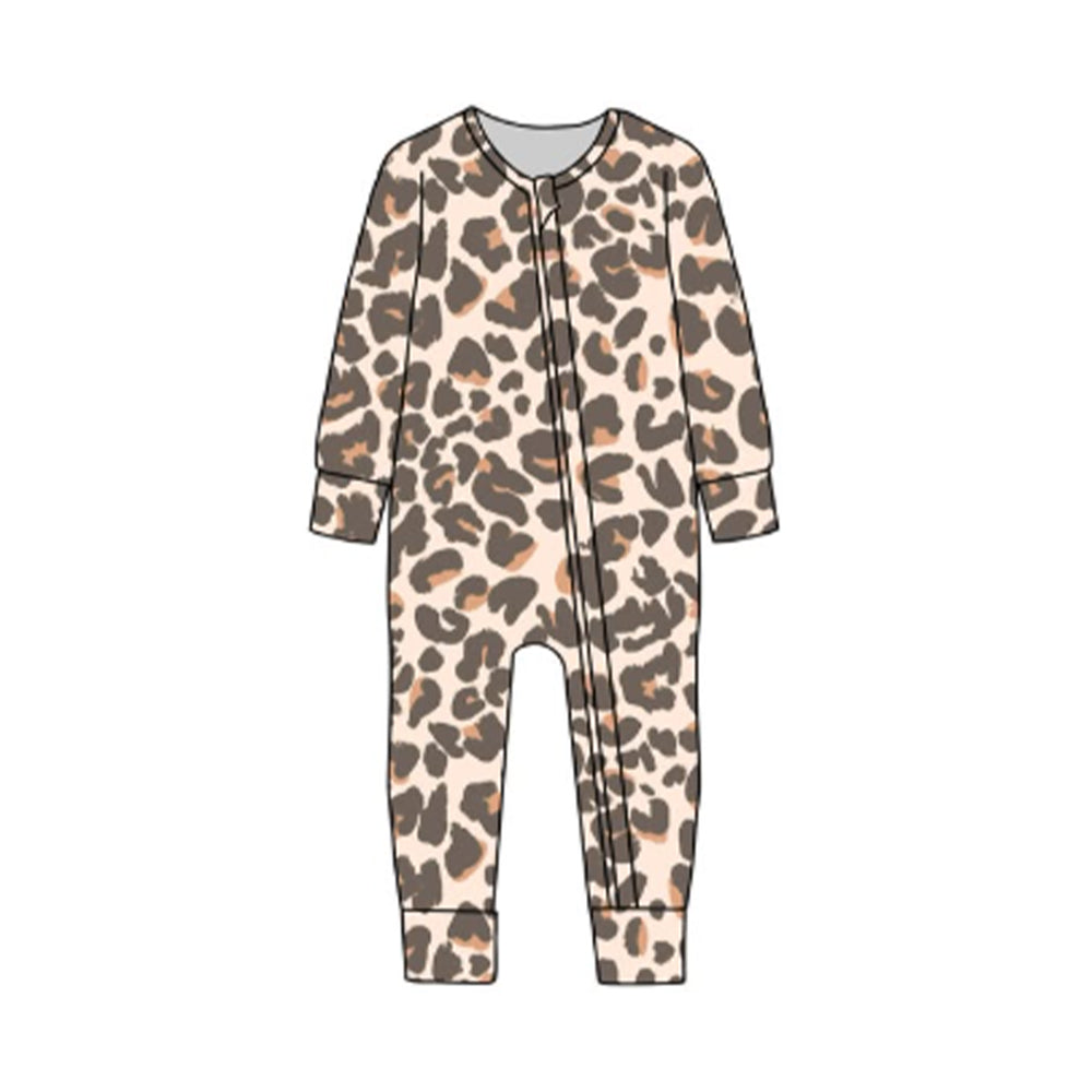 LR2861 Baby Girls Leopard Long Sleeve Zipper Romper