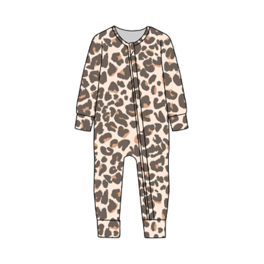 LR2861 Baby Girls Leopard Long Sleeve Zipper Romper