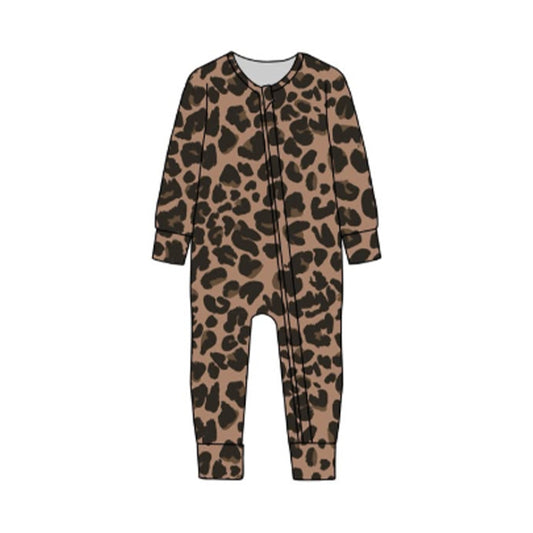 LR2862 Baby Girls Leopard Long Sleeve Zipper Romper