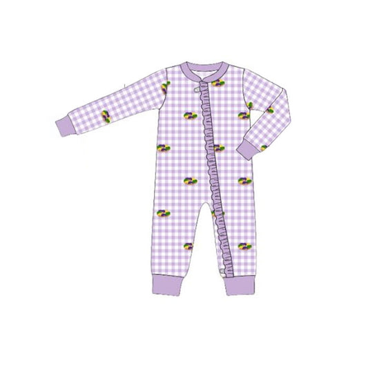 LR2867 Baby Girls Mardi Gras Purple Gingham Long Sleeve Romper Preorder