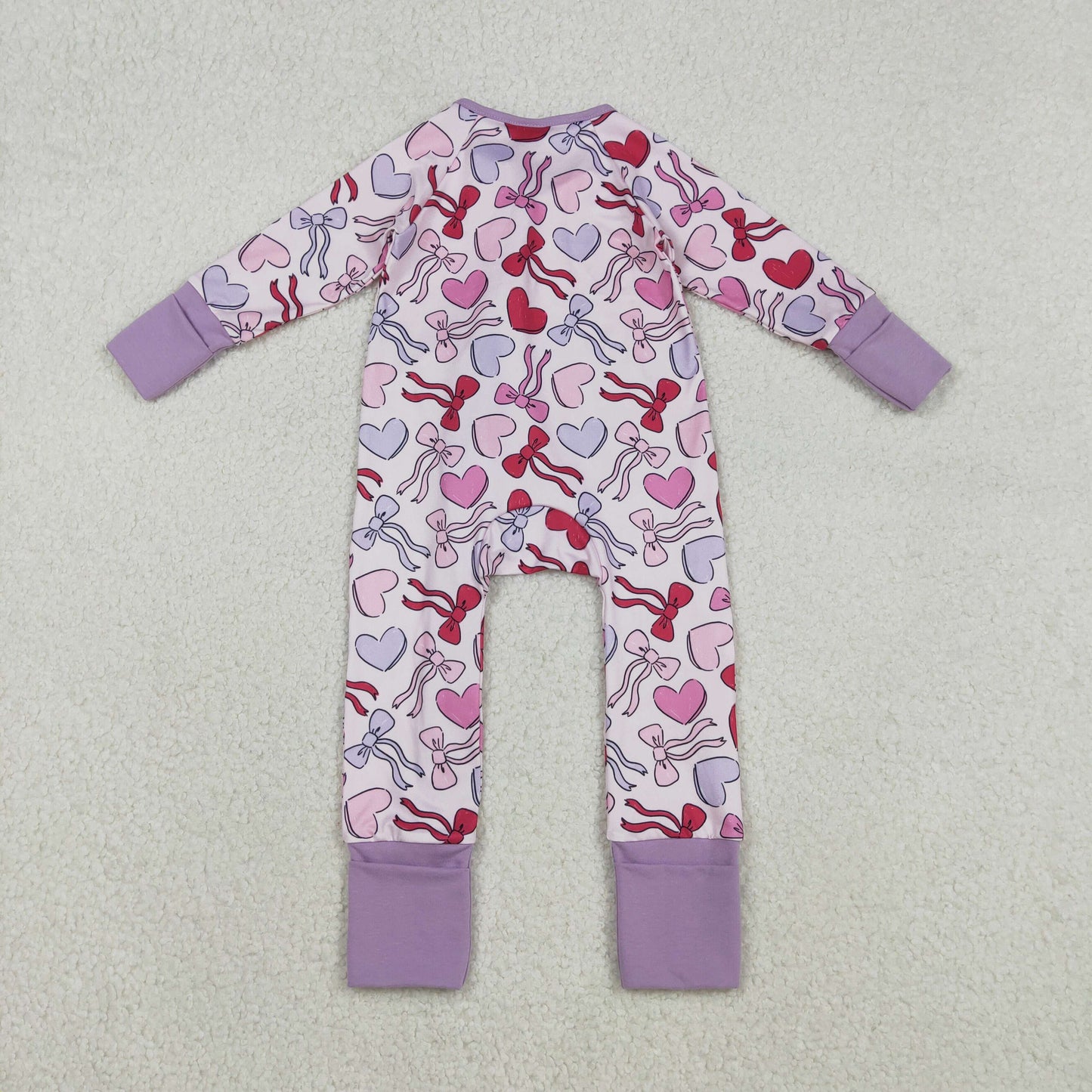 LR2883 Baby Girls Violet Pink Heart Long Sleeve Zipper Footie Romper