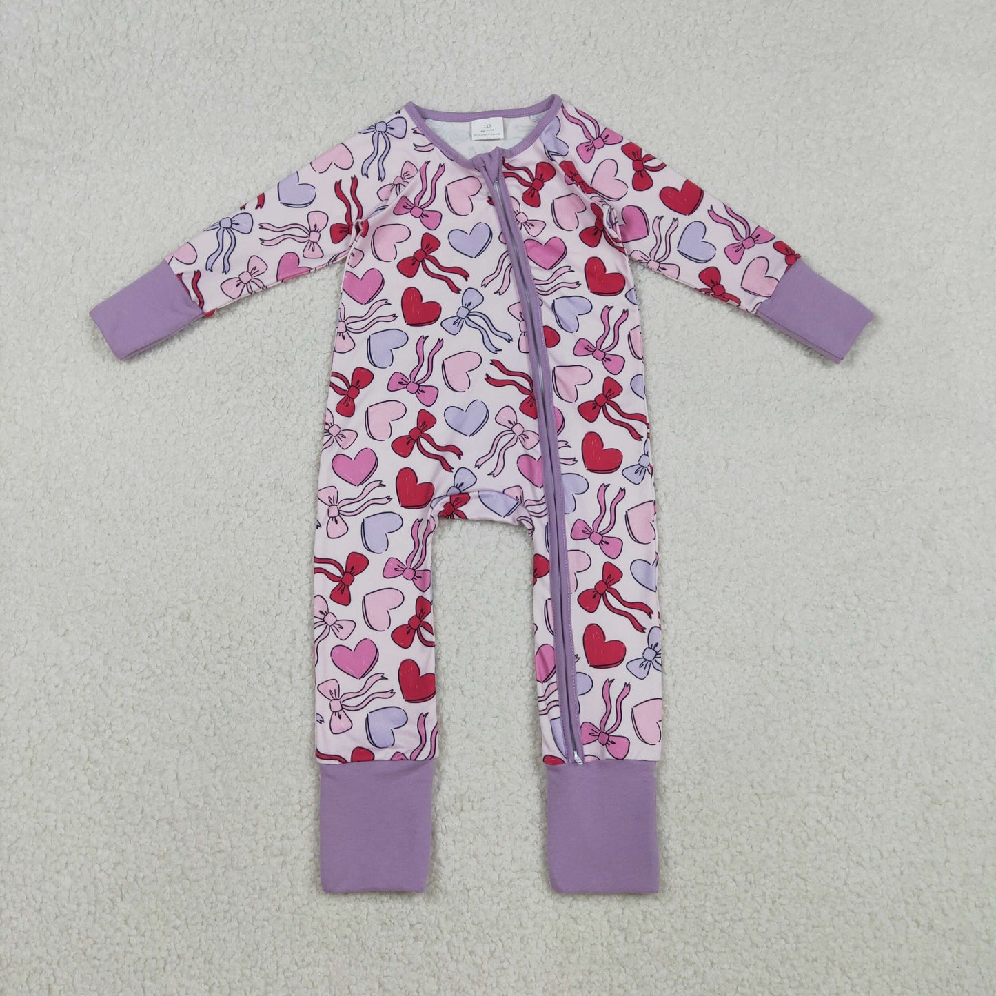 LR2883 Baby Girls Violet Pink Heart Long Sleeve Zipper Footie Romper