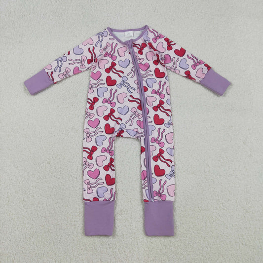 LR2883 Baby Girls Violet Pink Heart Long Sleeve Zipper Footie Romper
