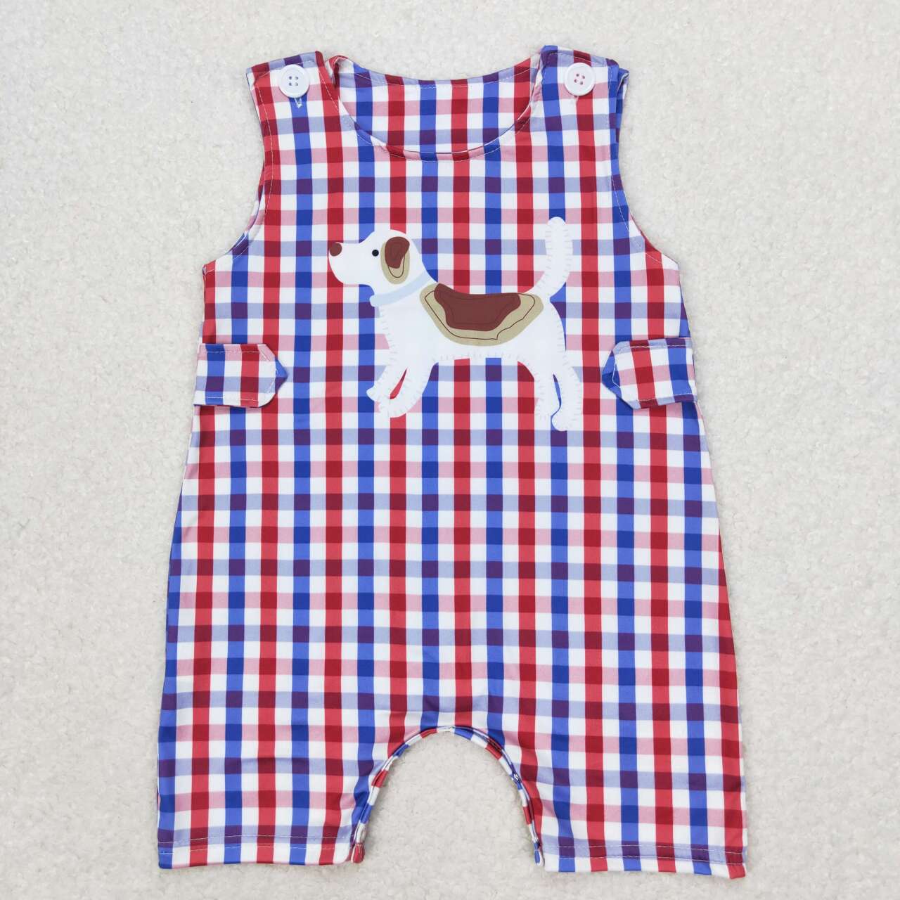 Newborn Baby Boys Red Blue Gingham Dog Romper