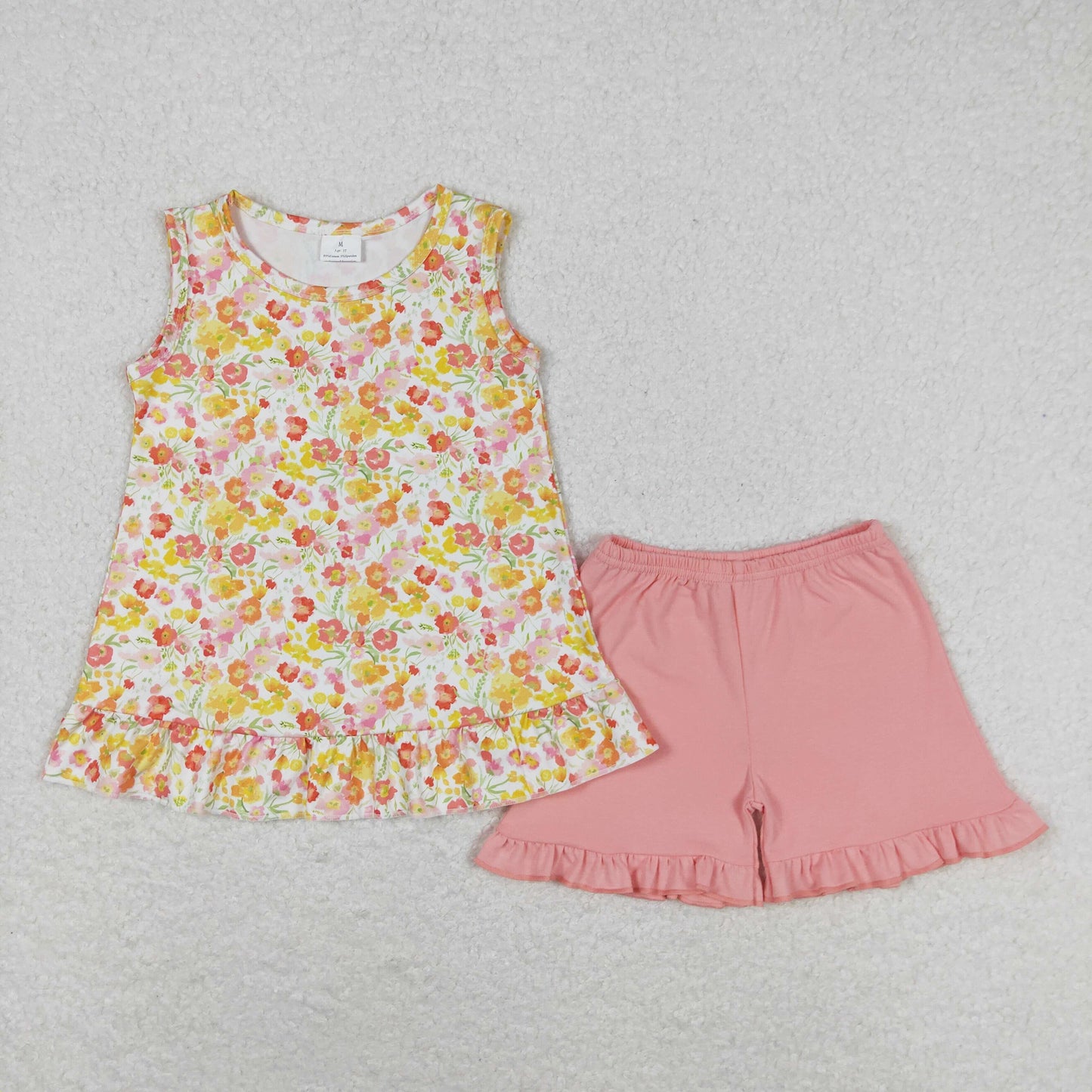 Summer Baby Girls Orange Flower Top Ruffle Shorts Set