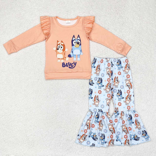 Baby Girls Orange Dog Long Sleeve Top Bell Pants Clothes Sets