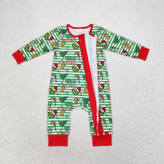 Baby Girls Christmas Green Face Cartoon Zipper Romper