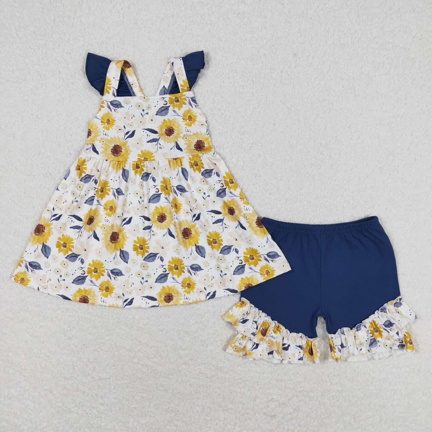 Sunflower Floral Tunic Top Ruffle Shorts Set