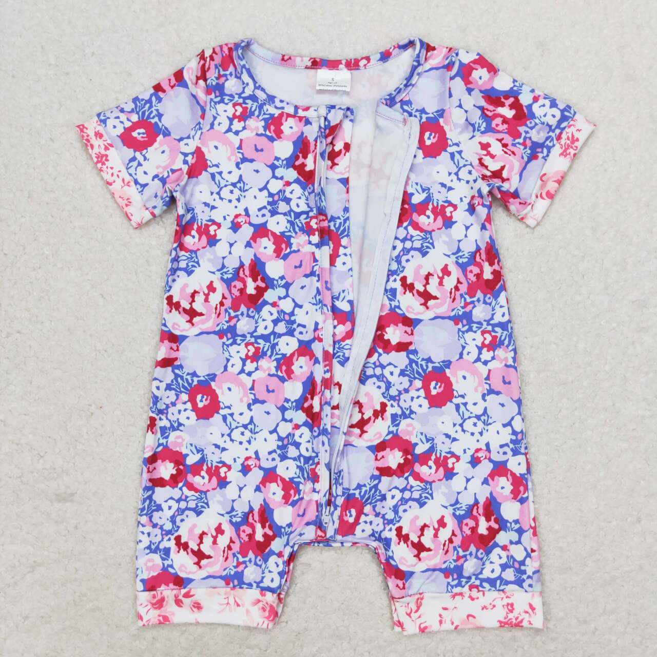 Baby Girls Purple Floral Short Sleeve Zipper Romper