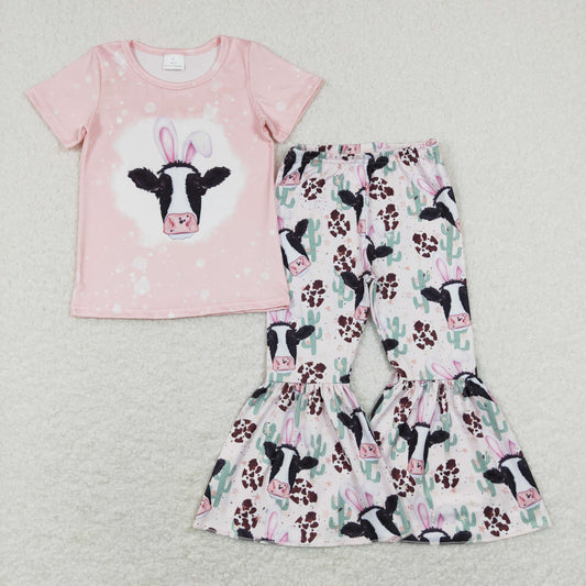 Kids Girls Rustic Easter Cow Bell Bottom Pants Set