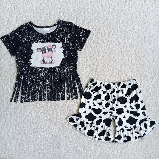 Promotion Cute Cow Black Tassels Top Shorts Set