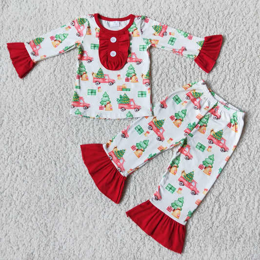 Kids Girls Christmas Tree Truck Red Ruffle Pajamas Outfit