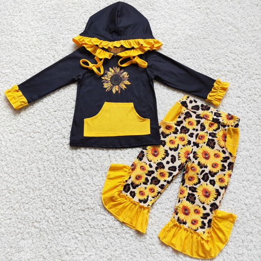 Winter Fall Sunflower Hoodie Top Ruffle Pants Boutique Set