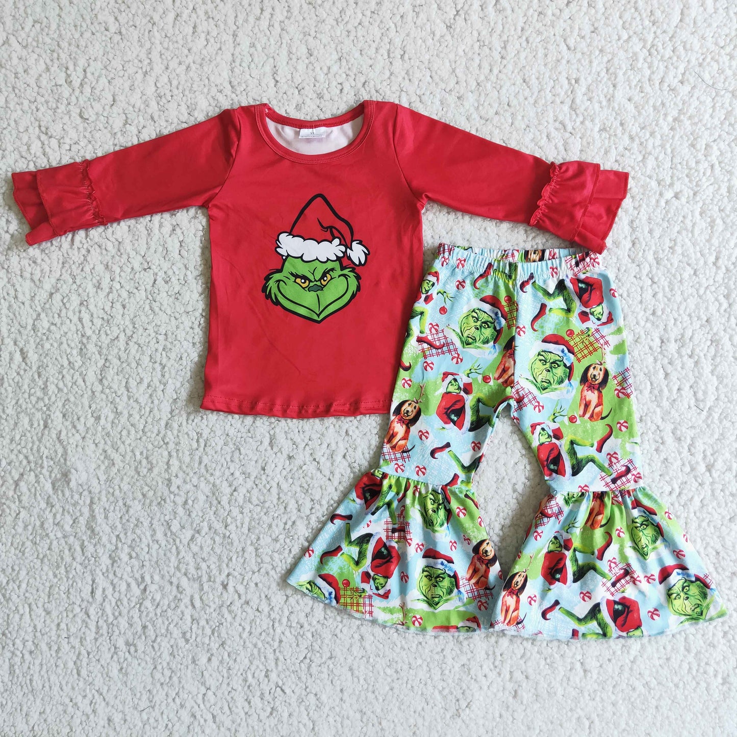 Christmas Girls Red Top Green Pants Outfit