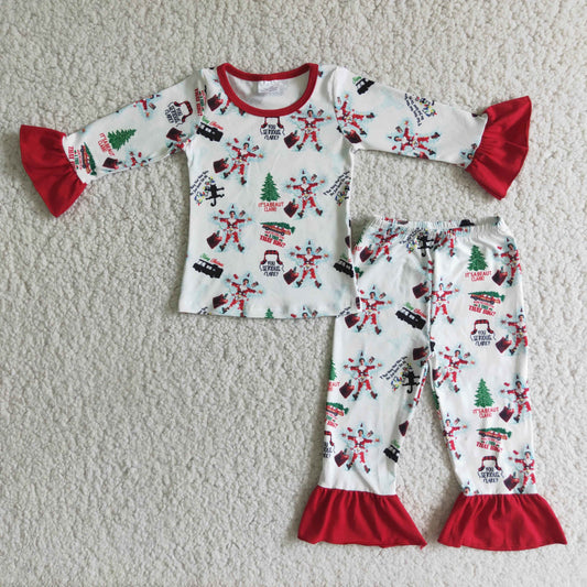 Christmas Girls Red Ruffle Pajamas Set