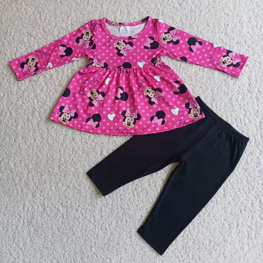 Hot Pink Cartoon Top Black Leggings Set