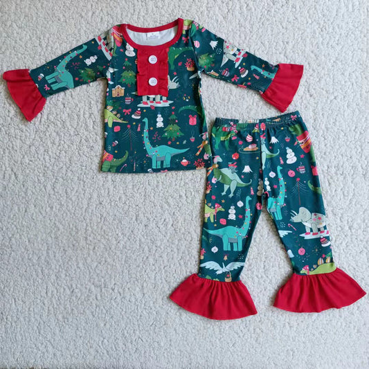 Kids Girls Christmas Dinosaur Pajamas Set