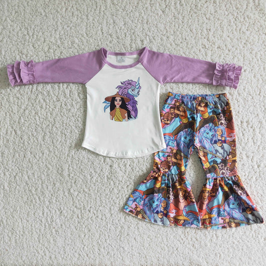 Girls Purple Sleeve Top Cartoon Set