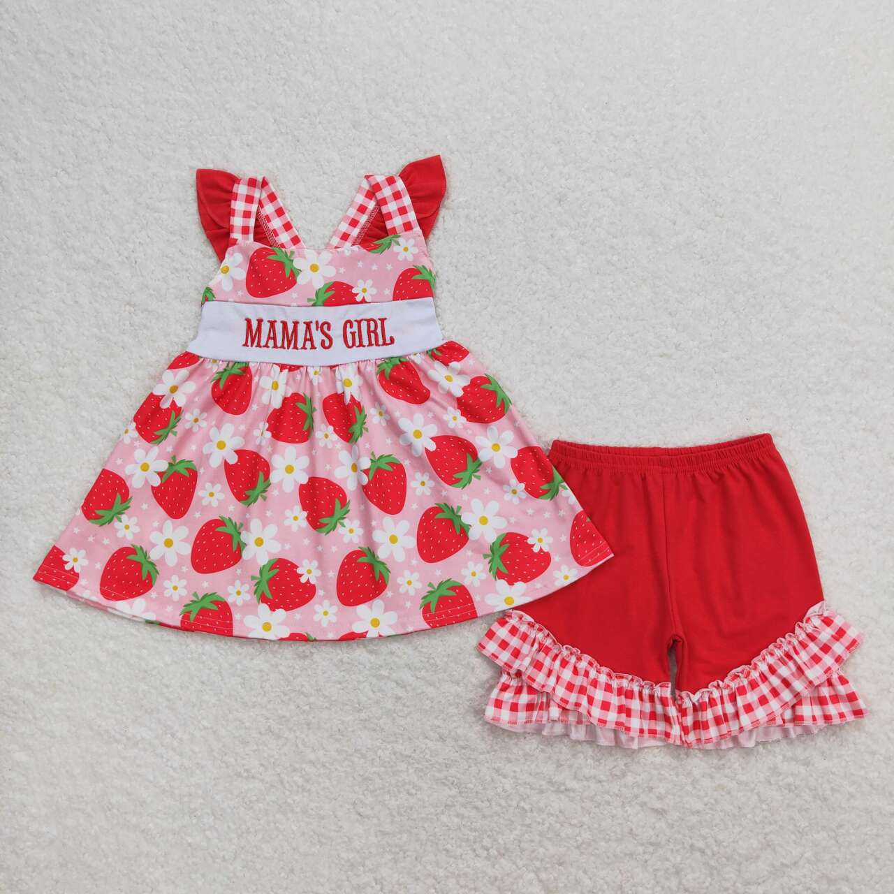 Summer Mama's Girl Strawberry Embroidery Shorts Set