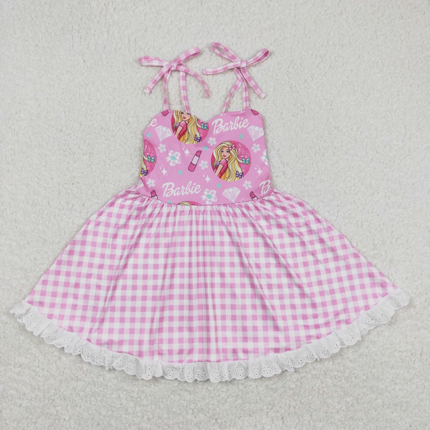 Baby Girls Doll Pink Ginghim Twirl Dress With Lace