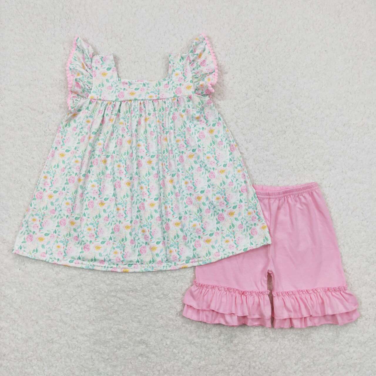Kids Girls Floral Top Matching Pink Shorts Set