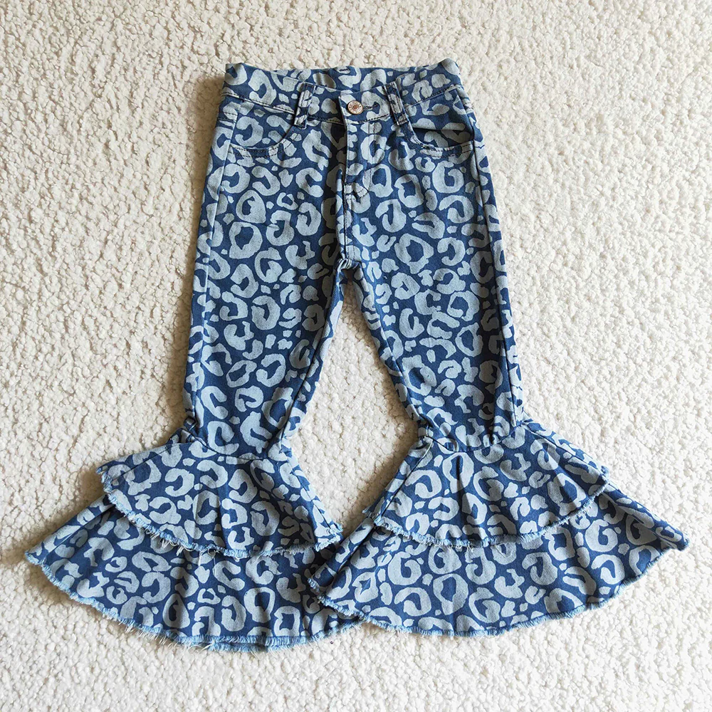 Baby Girls Pink Blue Leopard Dubble Ruffle Falre Denim Jeans