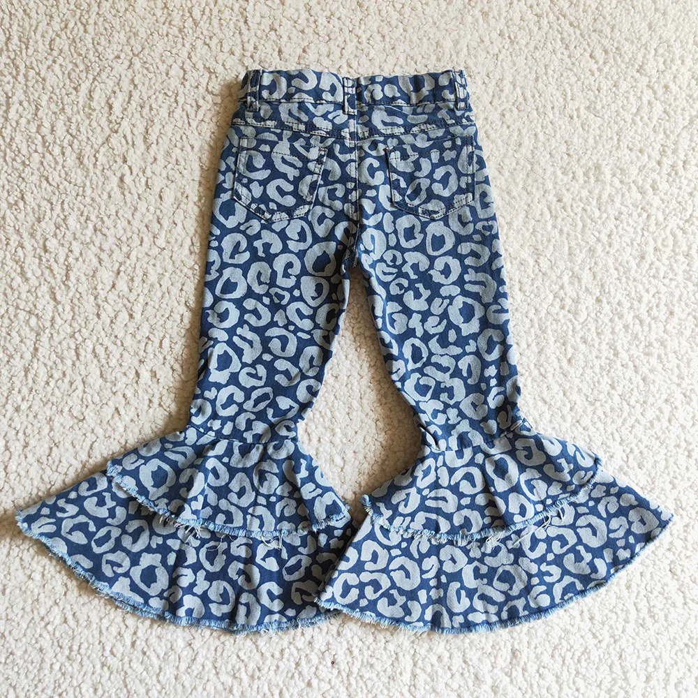 Baby Girls Pink Blue Leopard Dubble Ruffle Falre Denim Jeans