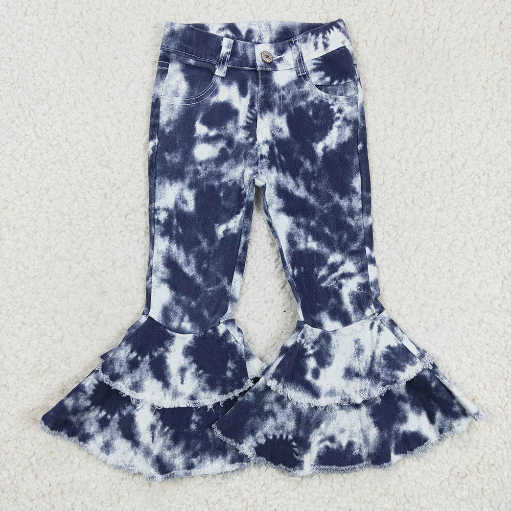 Sibling Baby Girls Leoaprd Double Ruffle Bell Bottom Denim Pants