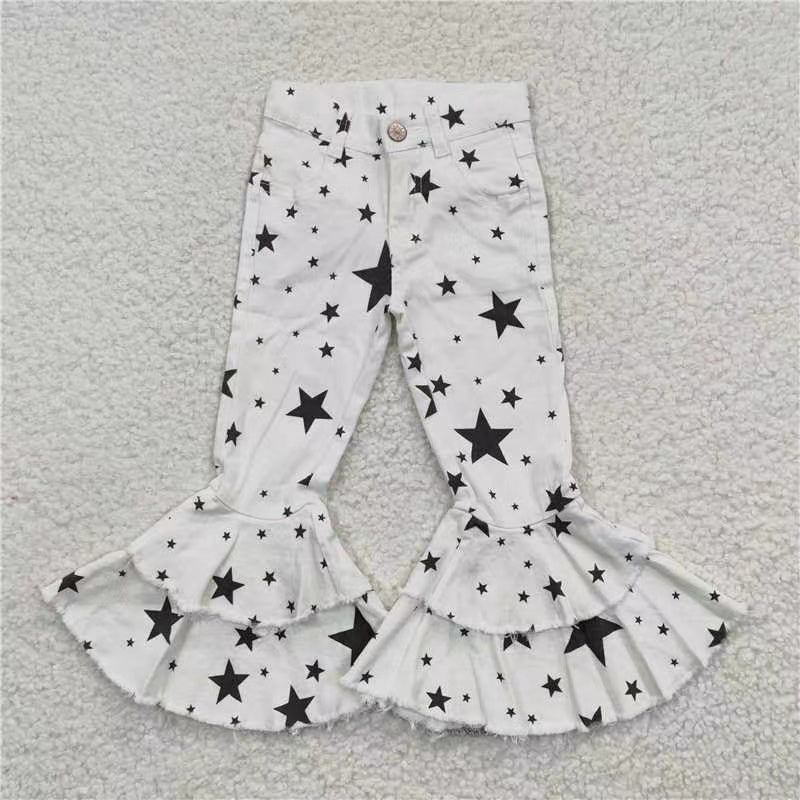 Sibling Baby Girls Leoaprd Double Ruffle Bell Bottom Denim Pants