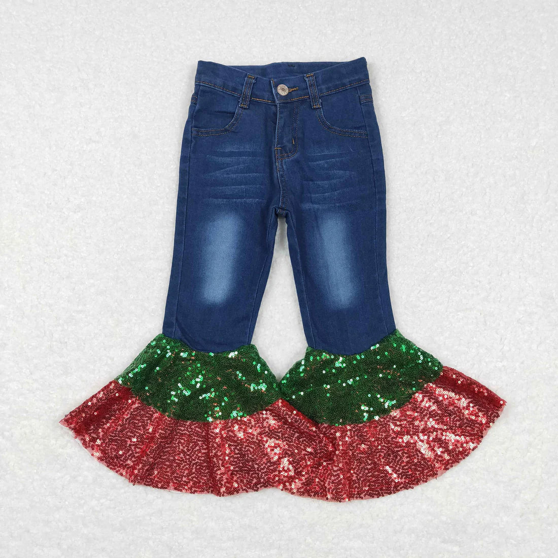 Sibling Baby Girls Double Ruffle Bell Bottom Denim Pants