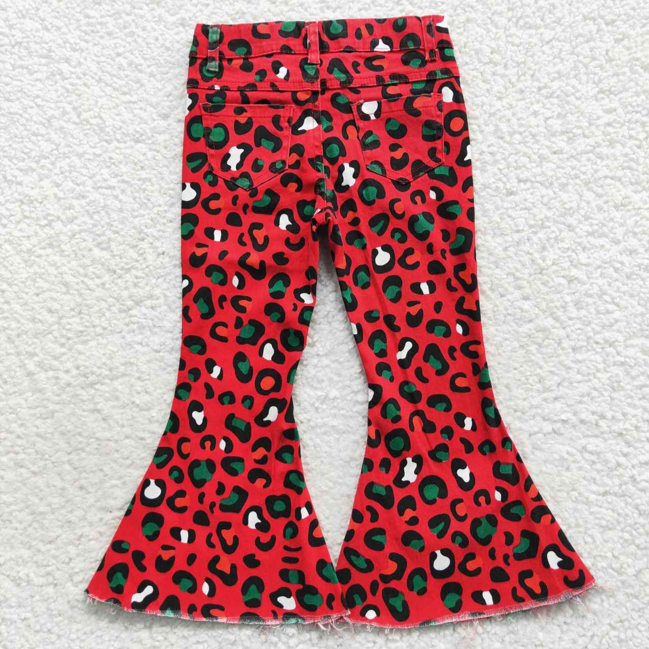 Kids Girls Christmas Red Green Leopard Print Denim Pants