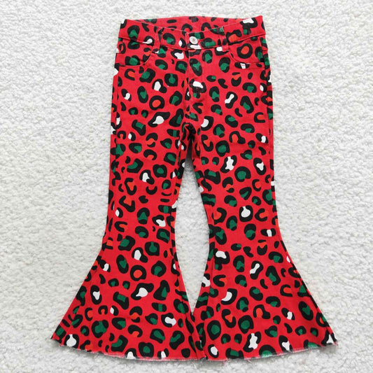 Kids Girls Christmas Red Green Leopard Print Denim Pants