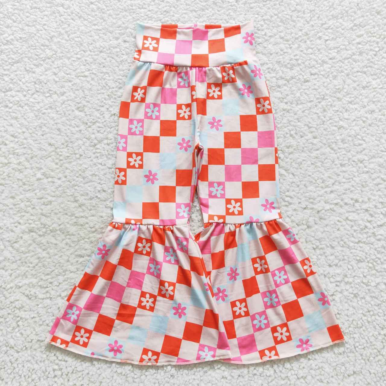 Baby Girls Pink Flowers Checkered Ruffle High Waist Bell Pants