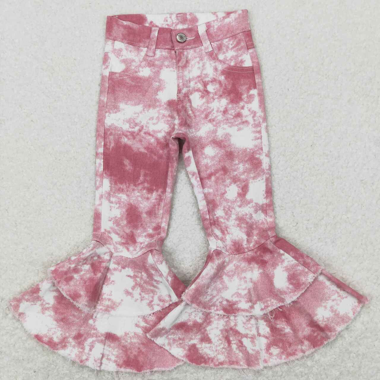 Baby Girls Pink Tie Dye Double Ruffle Bell Flare Denim Pants