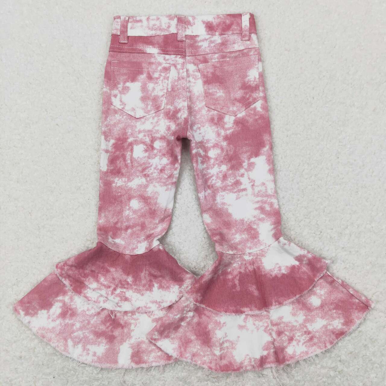 Baby Girls Pink Tie Dye Double Ruffle Bell Flare Denim Pants