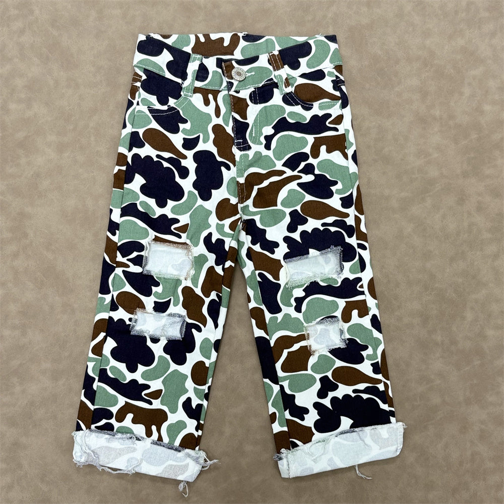 Boys  3 Colors Camo Denim Ripped Jeans Straight-leg Pants