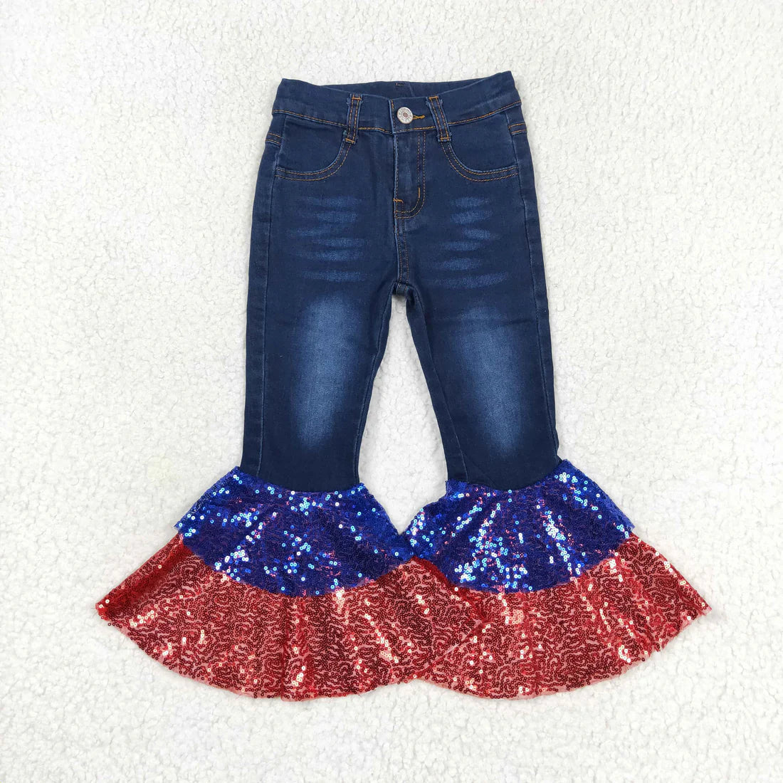 Sibling Baby Girls Double Ruffle Bell Bottom Denim Pants
