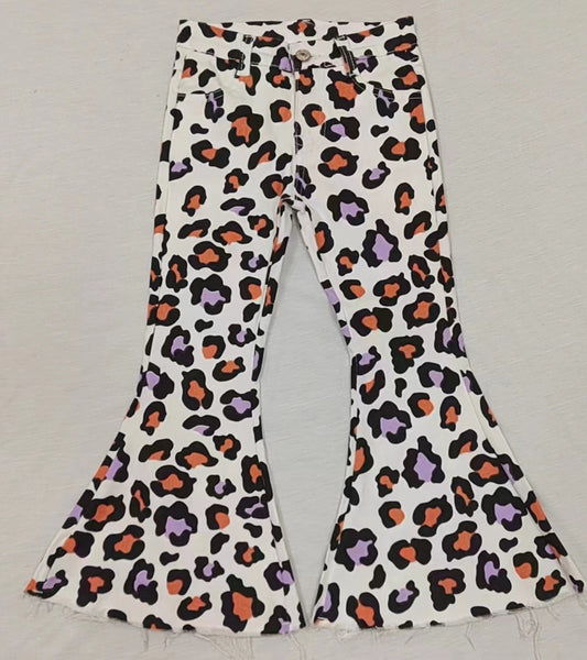 Kids Girls Orange Purple Leopard Denim Bell Bottom Pants Preorder